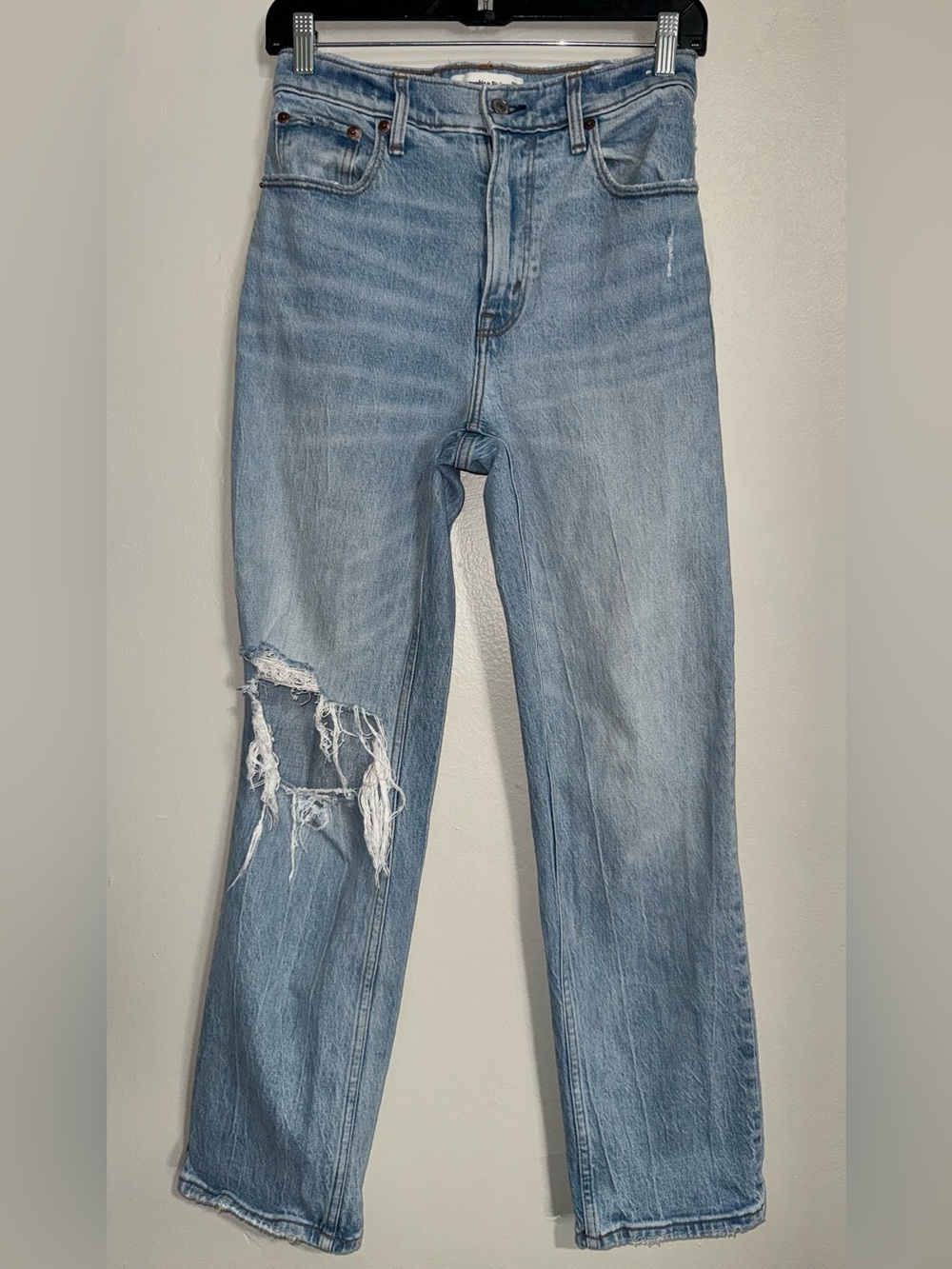 Abercrombie & Fitch 90 Straight Ultra High Rise Light Blue Distressed Jeans
